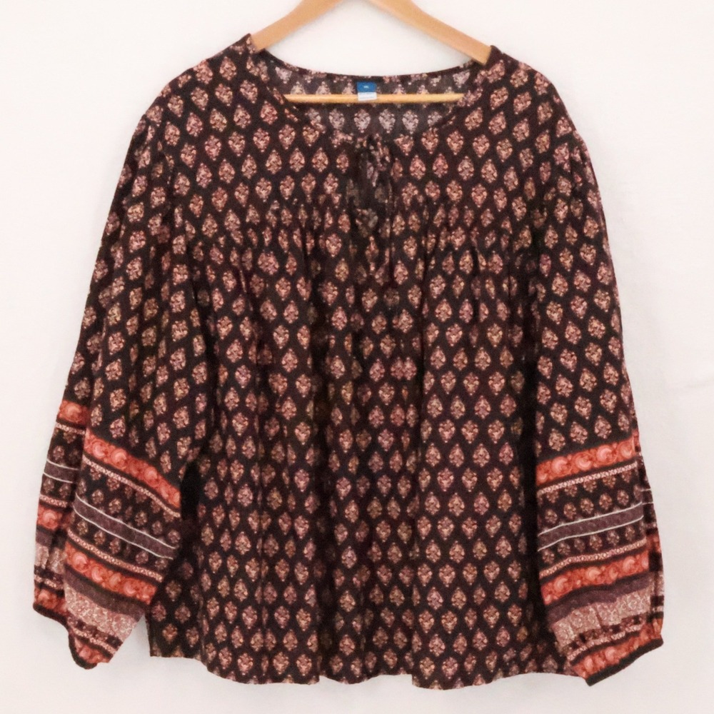 Old Navy Split Neck Brown Print Top Womens XXL Boho Peasant Hippie Retro Cotton